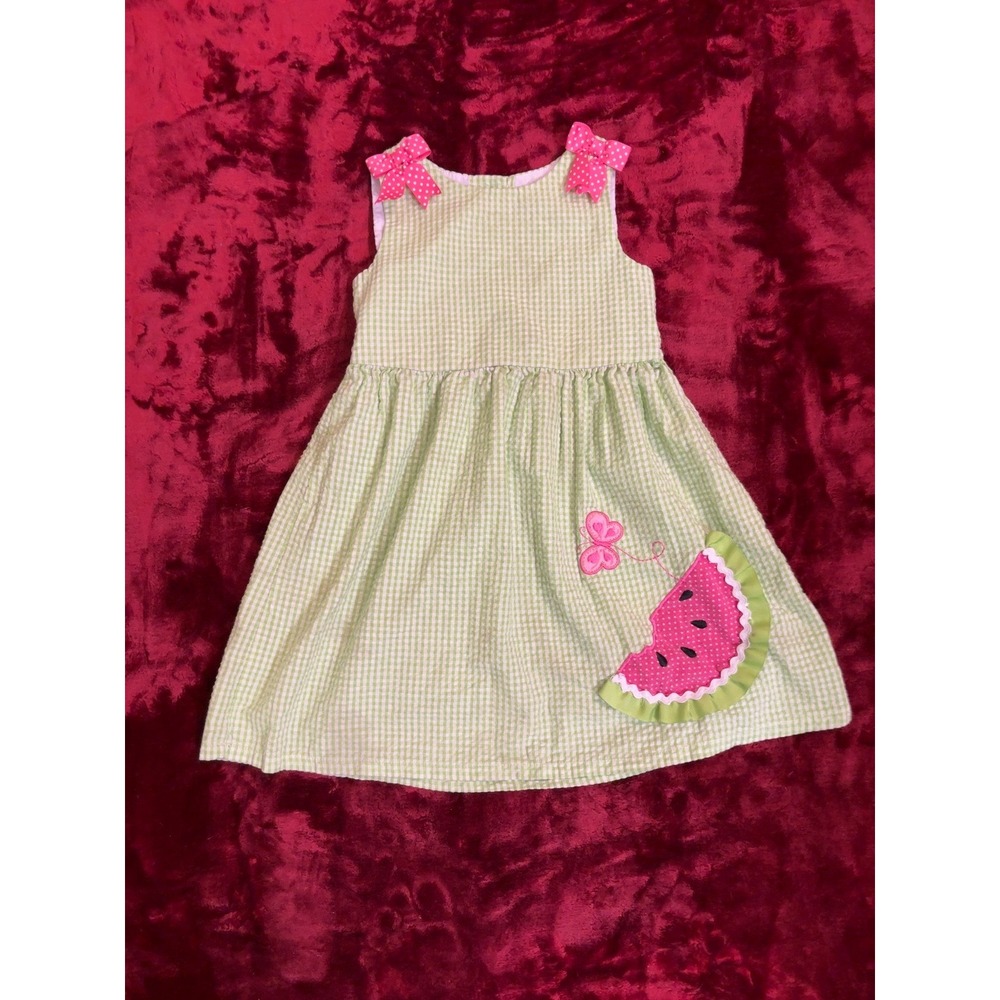 Rare Editions Girls Green Gingham Watermelon Dress Pink Bows Size 5 Summer
